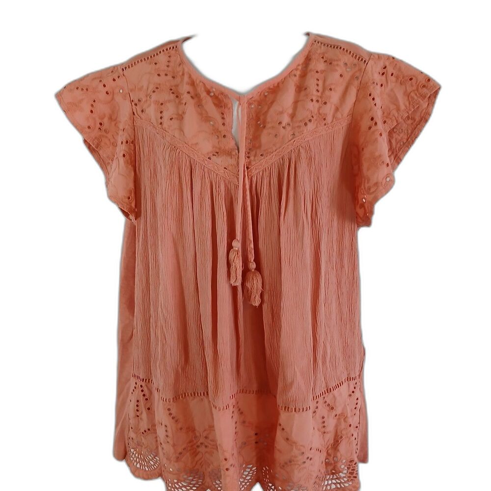 Style & Co Top Peach V Neck Flutter Sleaves Eyelet  Tassles Sz 1x Casual Work...